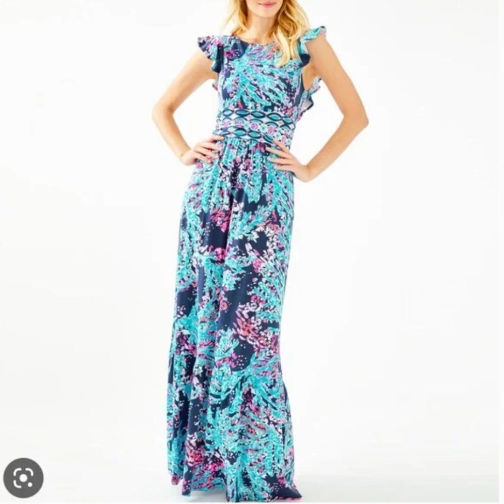 Lilly Pulitzer Mylea maxi dress High Tide Navy‎ Coral Club